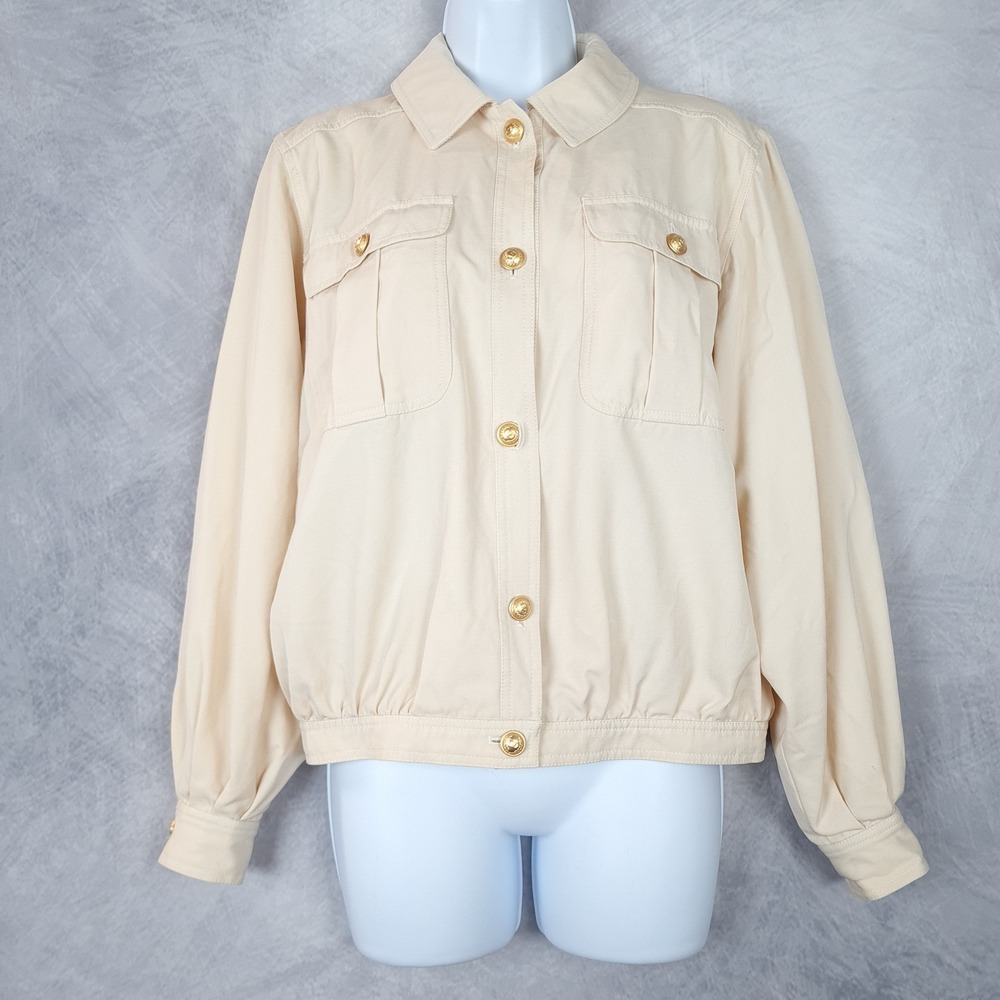 Vntg Valentino Jacket Womens 40 Small Cream Utility Wool Gold Buttons Couture